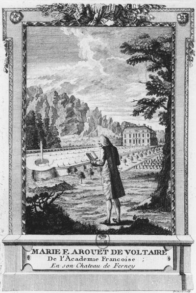 Voltaire en Ferney, grabado por Prevost (siglo XVIII) de French School