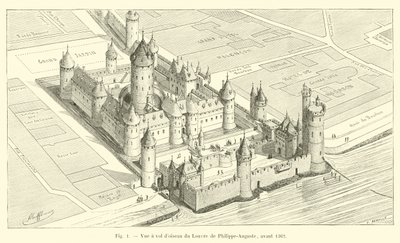 Vista aérea del Louvre de Philippe-Auguste, antes de 1362 de French School