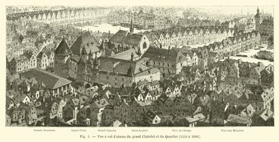 Vista aérea del gran Châtelet y del barrio, 1550 a 1696 de French School