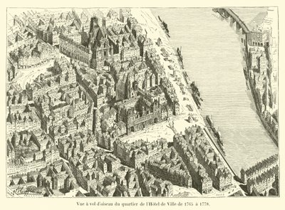 Vista aérea del barrio del Hôtel de Ville de 1765 a 1778 de French School