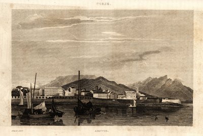 Vista de Ajaccio, Córcega, grabado de 1836 de French School