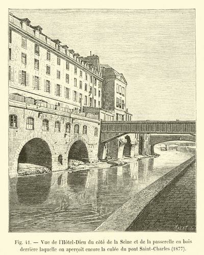 Vista del Hôtel-Dieu desde el lado del Sena y de la pasarela de madera detrás de la cual aún se ve el estribo del puente Saint-Charles, 1877 de French School