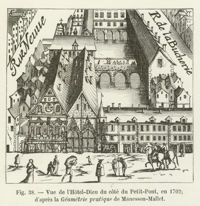 Vista del Hôtel-Dieu desde el lado del Petit-Pont, en 1702; según la Geometría práctica de Manesson-Mallet de French School