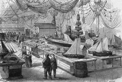Vista de la galería principal de la Exposición Internacional de Marina y Pesca en Boulogne-sur-Mer, Pas de Calais (62) de French School