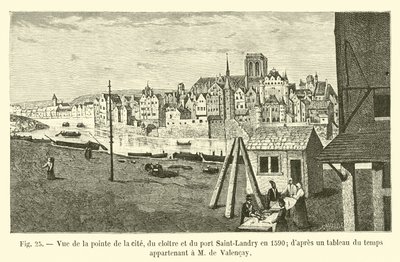Vista de la punta de la ciudad, del claustro y del puerto Saint-Landry en 1590; según una pintura de la época perteneciente a M de Valencay de French School
