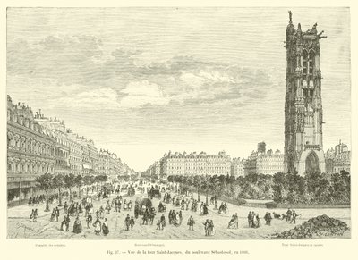 Vista de la torre Saint-Jacques, del boulevard Sébastopol, en 1866 de French School