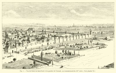 Vista del hotel de Saint-Paul y del barrio del Arsenal, a principios del siglo XV, ver plancha VI de French School