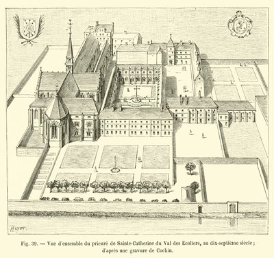Vista general del priorato de Sainte-Catherine du Val des Escoliers, en el siglo XVII; según un grabado de Cochin de French School