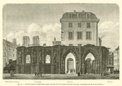 Vista de las ruinas del Hôtel-Dieu después del incendio de 1772; según un dibujo de la época comunicado por el barón Pichon de French School