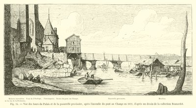 Vista de las torres del Palacio y de la pasarela provisional, después del incendio del puente au Change en 1621, según un dibujo de la colección Bonnardot de French School