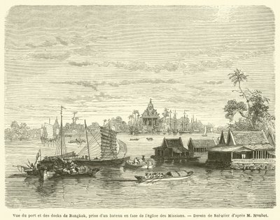Vista del puerto y los muelles de Bangkok, tomada desde un barco frente a la iglesia de las Misiones de French School