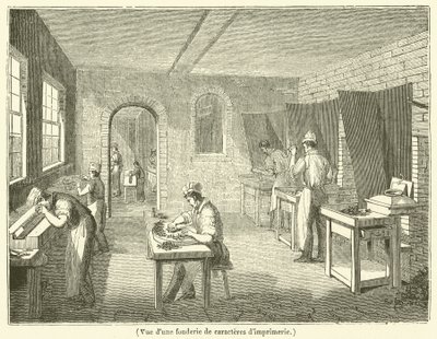 Vista de una fundición de caracteres de imprenta (grabado) de French School