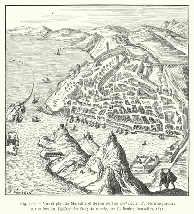 Vista y plano de Marsella y su puerto en el siglo XVI; según un grabado en cobre del Teatro de las Ciudades del mundo, por G Bruin; Bruselas de French School