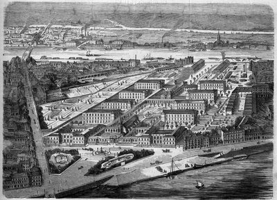 Vista exterior del Hôtel-Dieu en Nantes, inaugurado en 1863. Este hospital será casi completamente destruido durante un bombardeo en 1943. Loira Atlántico (44). Grabado en "Le Monde Illustré" n°347 del 5 de diciembre de 1863. de French School