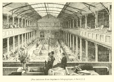 Vista interior de una imprenta litográfica en París (grabado) de French School