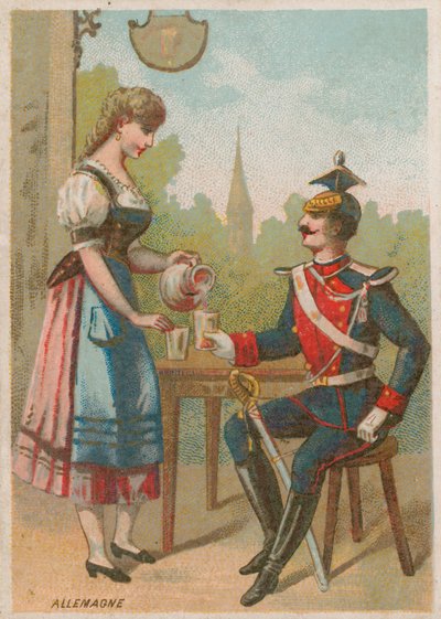 Camarera sirviendo una bebida a un soldado, Alemania de French School