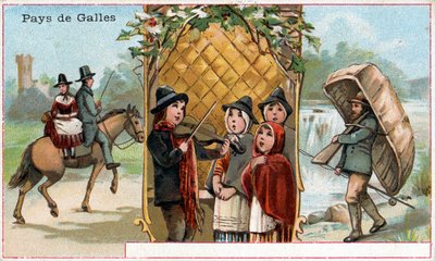 Gales, tarjeta promocional para la bebida Chicorée à la Bergère con representaciones de la vida galesa, c.1890 de French School