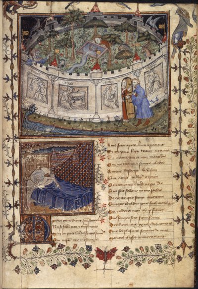 Jardín amurallado de Sir Mirth, de "Le Roman de le Rose, c.1400 (vitela) de French School