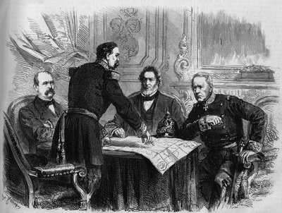 Guerra de 1870 - Sitio de París: firma del armisticio entre los representantes franceses y prusianos tras la rendición de París, 28 de enero de 1871. De izquierda a derecha: Otto von Bismarck (1815-1898), Horix de Valdan (1810-1883), Jules Favre (1809-1880 de French School