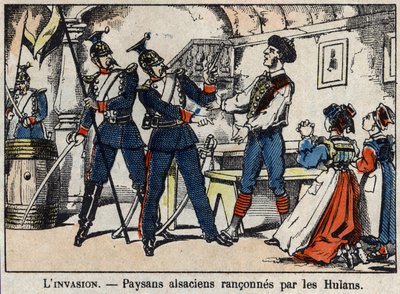 Guerra de 1870 entre Francia y Prusia: campesinos alsacianos extorsionados por los Hulanos (Uhlans, Houlans) imagen de Epinal. de French School