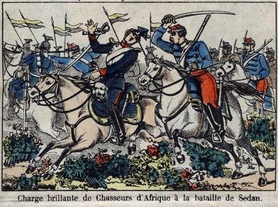 Guerra de 1870 entre Francia y Prusia: carga de cazadores africanos en la Batalla de Sedan en 1870. Imagen de Épinal. de French School