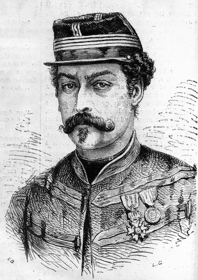 Guerra de 1870: retrato de Leon Franchetti (1834-1870), soldado francés, comandante de los Scouts del Sena. Grabado en "Le Monde Illustré" n°714 del 17 de diciembre de 1870 de French School