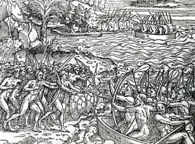 Escena de guerra, Brasil, ilustración de "Singularidades de la Francia Antártica", por André de Thevet, 1558 de French School