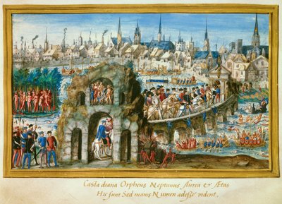 Espectáculos acuáticos organizados por la ciudad de Ruán con motivo de la entrada real del rey Enrique II (1519-1559) y Catalina de Médicis (1519-1589) el 1/10/1550. Reconstitución a la izquierda de un pueblo de indios en Brasil. Miniatura de de French School