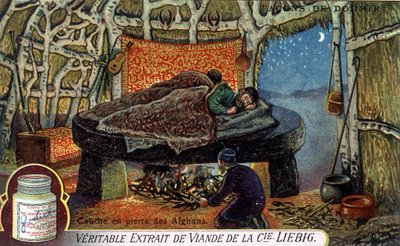 Maneras de dormir: Capa de piedra afgana. Cromolitografía de embalaje Liebig de French School