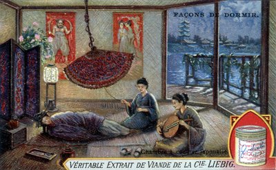Formas de dormir: dormitorio japonés. Cromolitografía de embalaje de Liebig de French School