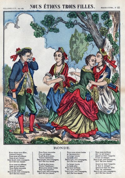 Éramos tres chicas. Tres chicas jugando con un pastor y haciéndolo sentir incómodo. (Chants et chansons populaire de la France) Imagen de Épinal, finales del siglo XIX. Colección privada. de French School