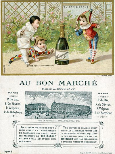 ¡Qué suerte! una botella de champán; anverso y reverso de una tarjeta promocional para los grandes almacenes Bon Marché en París, c.1895 de French School