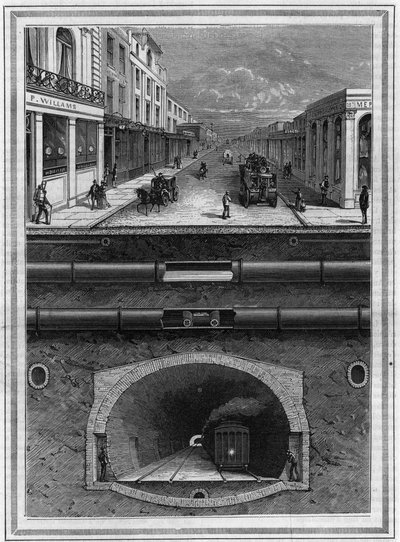 Lo que hay bajo el pavimento de Londres (Gran Bretaña): Tubería de gas, tubería de agua, tubo neumático para desechos, desagües, túnel y línea ferroviaria para áreas metropolitanas. Grabado en “La Nature. Revue des sciences et de ses applications aux arts  de French School