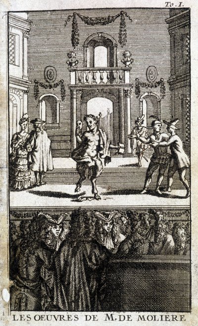 Fauna y personajes en escena con público - en “Las Obras de M. de Molière” de French School