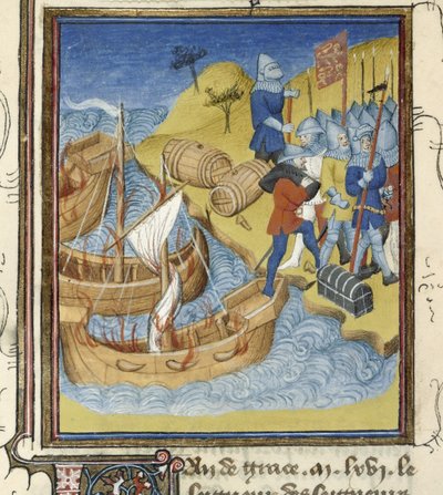 Guillermo I desembarca con su ejército y equipo en Inglaterra (miniatura) de French School