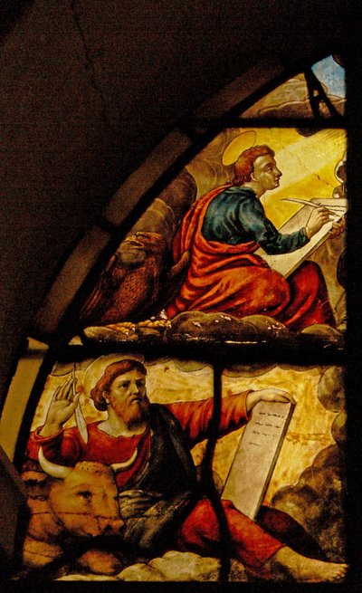 Ventana Charnier-2 que representa a los Evangelistas con el Milagro de la Hostia: San Lucas y San Juan de French School