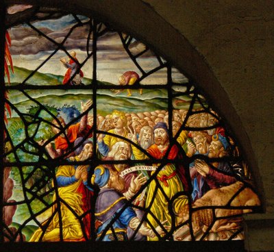 Ventana Charnier-8 que representa el sacrificio de Elías; los sacerdotes de Baal de French School