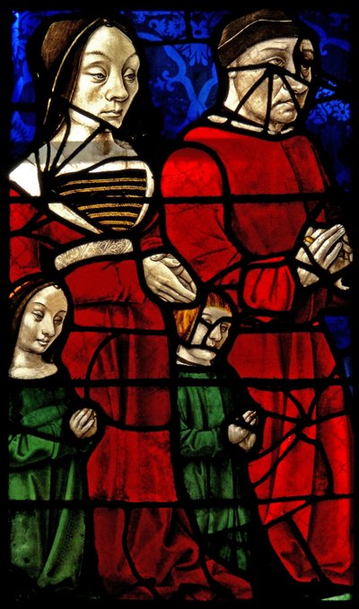 Ventana E1 que representa a los donantes Duque Jean II de Borbón y su esposa Catherine de French School