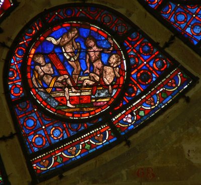 Ventana Ww que representa una escena del Juicio Final: almas resucitando al sonido de la trompeta de French School