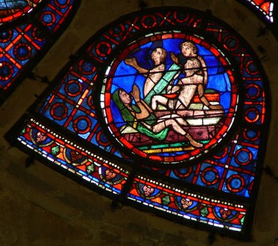 Ventana Ww que representa una escena del Juicio Final: almas resucitando al sonido de la trompeta de French School