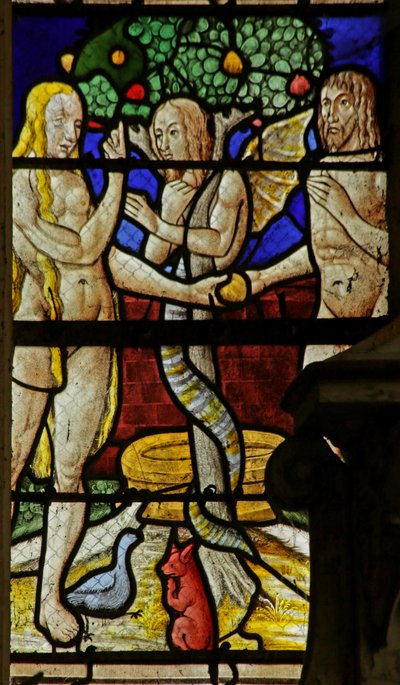 Ventana que representa a Adán y Eva y la serpiente de French School