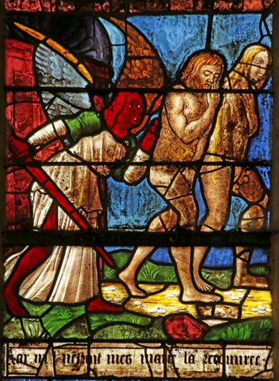 Ventana que representa a Adán y Eva siendo expulsados del Edén (vidriera) de French School