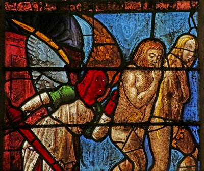 Ventana que representa a Adán y Eva siendo expulsados del Edén (vidriera) de French School
