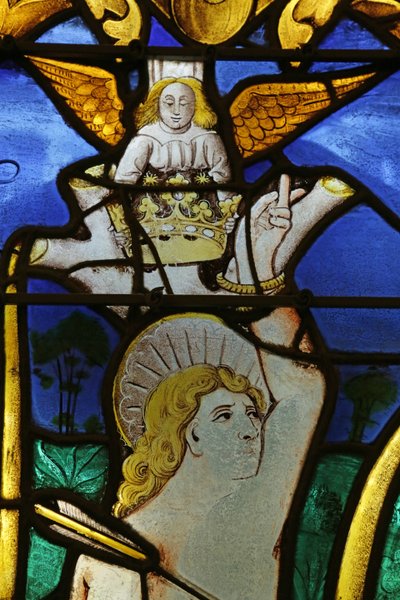 Ventana que representa a un Ángel colocando una Corona en la Cabeza de San Sebastián en su Martirio de French School