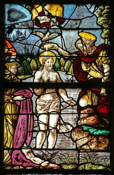 Ventana que representa el Bautismo de Cristo en el Río Jordán de French School