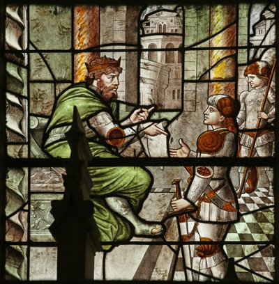 Ventana que representa a Diocleciano ordenando la persecución de San Sebastián de French School