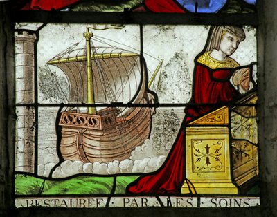 Vidriera que representa a una donante femenina y un barco de French School