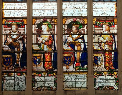 Ventana que representa a Jacques de Bourbon (1315-61) Conde de la Marche, Jeanne de Chatillon-Saint-Pol (m.1371) Jean I de Bourbon (1361-94) y Catherine, Condesa de Vendome de French School