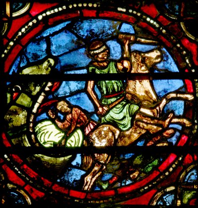 Ventana que representa a Jonás siendo tragado por la ballena de French School