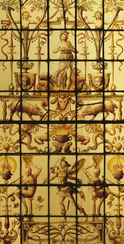 Ventana que representa a Marte y la Tierra de French School